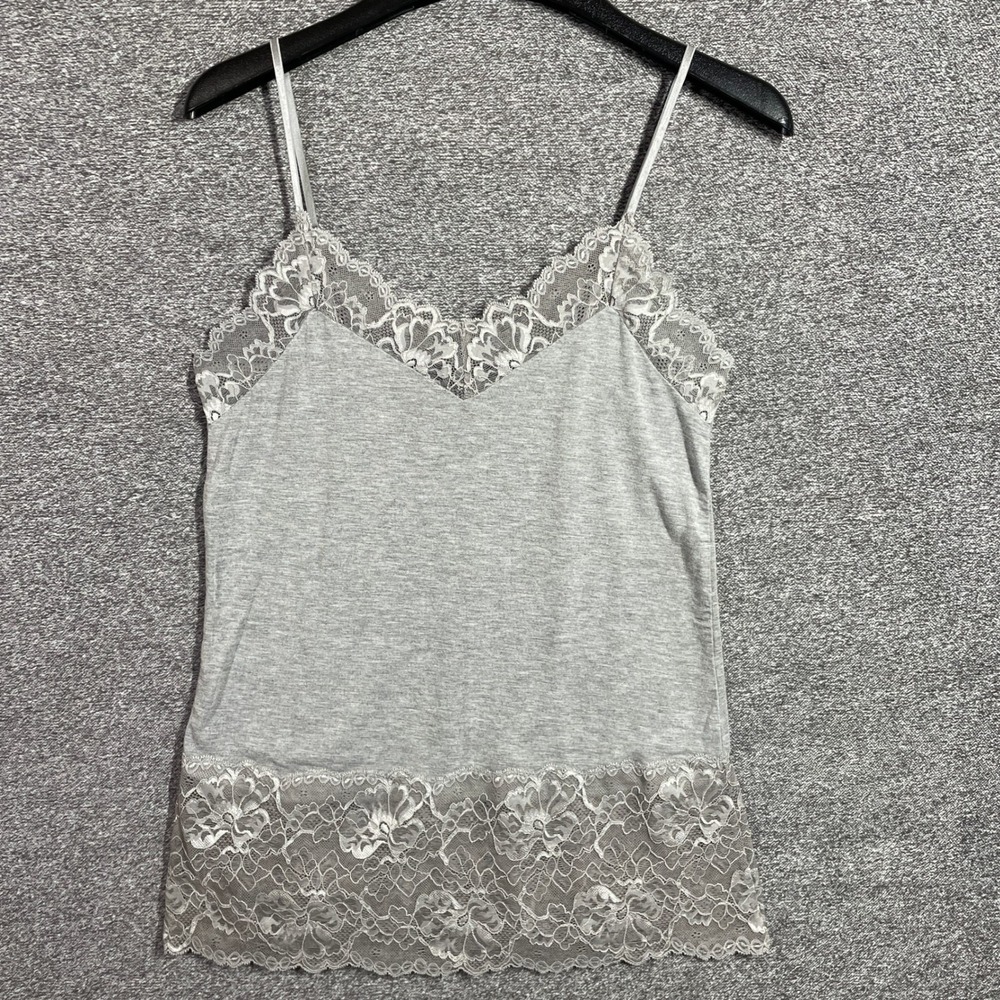 White House Black Market Gray Lace Trim Cami Tank Top M Adjustable Straps Y2K